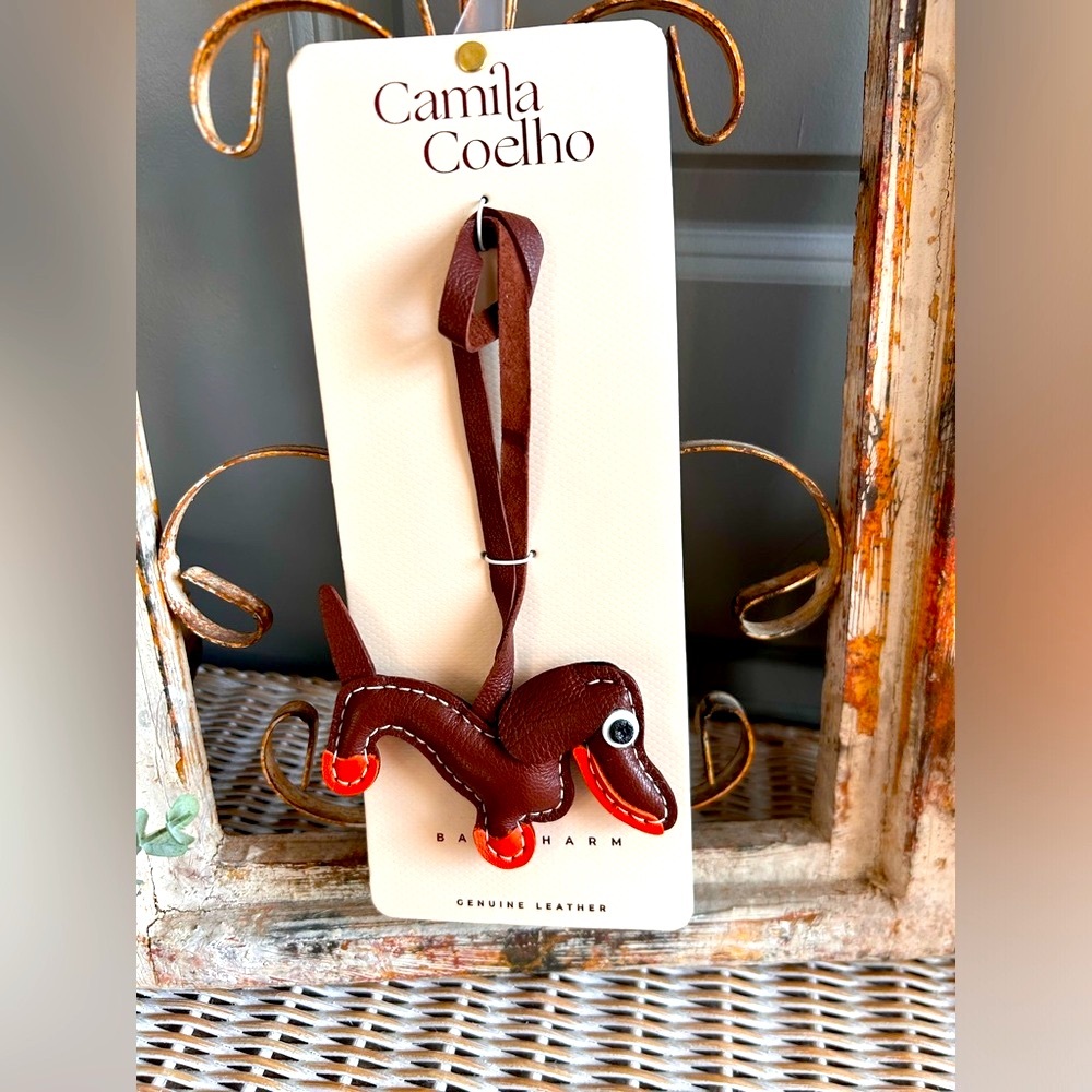 Camila Coelho dachshund dog bag charm made of genuine leather preppy